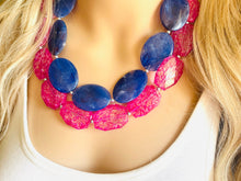 Load image into Gallery viewer, Blue & Pink Hot Chunky Statement Necklace double Strand Beaded jewelry, bridesmaid bib blue magenta necklace, royal blue dark hot pink