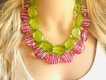 Load image into Gallery viewer, Chunky Statement Apple Green Necklace, multi strand colorful jewelry, big beaded chunky statement necklace, pink necklace, pink and green
