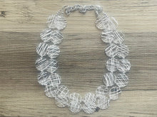 Load image into Gallery viewer, Cross Country Necklace, Clear Resin & White Necklace multi strand jewelry, big bib beaded chunky statement, bridesmaid necklace earrings