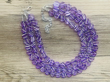 Load image into Gallery viewer, Crossed Paths Necklace, Purple Resin & White Necklace multi strand jewelry, big bib beaded chunky statement, bridesmaid necklace