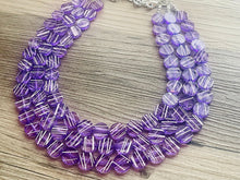Load image into Gallery viewer, Crossed Paths Necklace, Purple Resin & White Necklace multi strand jewelry, big bib beaded chunky statement, bridesmaid necklace