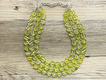 Load image into Gallery viewer, Crossed Paths Necklace, Lime Resin & White Necklace multi strand jewelry, big bib beaded chunky statement, bridesmaid necklace green