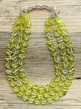 Load image into Gallery viewer, Crossed Paths Necklace, Lime Resin & White Necklace multi strand jewelry, big bib beaded chunky statement, bridesmaid necklace green