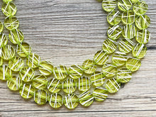 Load image into Gallery viewer, Crossed Paths Necklace, Lime Resin & White Necklace multi strand jewelry, big bib beaded chunky statement, bridesmaid necklace green