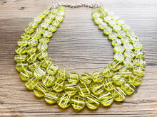 Load image into Gallery viewer, Crossed Paths Necklace, Lime Resin & White Necklace multi strand jewelry, big bib beaded chunky statement, bridesmaid necklace green