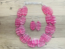 Load image into Gallery viewer, Dark Pink & White Striped Chunky Statement Necklace double Strand Beaded jewelry, bridesmaid bib magenta hot pink earrings
