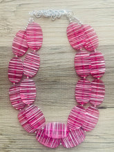 Load image into Gallery viewer, Dark Pink & White Striped Chunky Statement Necklace double Strand Beaded jewelry, bridesmaid bib magenta hot pink earrings