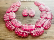 Load image into Gallery viewer, Dark Pink & White Striped Chunky Statement Necklace double Strand Beaded jewelry, bridesmaid bib magenta hot pink earrings
