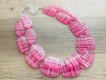 Load image into Gallery viewer, Dark Pink & White Striped Chunky Statement Necklace double Strand Beaded jewelry, bridesmaid bib magenta hot pink earrings