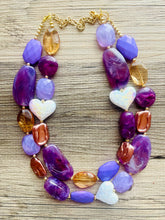 Load image into Gallery viewer, Lavender Haze Statement Necklace, chunky bib beaded jewelry, eggplant necklace, light purple beaded purple jewelry, tan lavender champagne