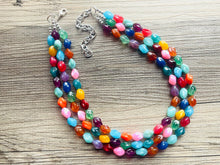 Load image into Gallery viewer, Triple Rainbow Beaded Necklace, Colorful Jewelry, Chunky statement necklace, jelly bean necklace, rainbow jewelry, rainbow baby confetti