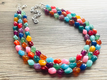 Load image into Gallery viewer, Triple Rainbow Beaded Necklace, Colorful Jewelry, Chunky statement necklace, jelly bean necklace, rainbow jewelry, rainbow baby confetti