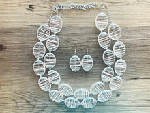 Load image into Gallery viewer, Textured Clear Statement Necklace, Big Beaded necklace, chunky beaded necklace wedding, acetate resin jewelry, white striped jewelry