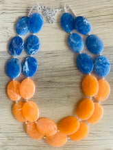 Load image into Gallery viewer, Extra Long Orange & Blue Chunky Statement Necklace, Big beaded jewelry, multi strand Statement Necklace, chunky royal earrings plus size