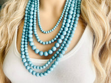 Load image into Gallery viewer, Turquoise Graduated Necklace, 5 strand jewelry, round beaded chunky statement necklace, blue necklace, light blue jewelry, formal drop long