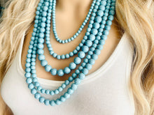 Load image into Gallery viewer, Turquoise Graduated Necklace, 5 strand jewelry, round beaded chunky statement necklace, blue necklace, light blue jewelry, formal drop long