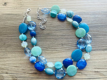 Load image into Gallery viewer, Blue Lucky Wonderland Chunky Statement Necklace, Big beaded jewelry, Double Strand Statement Necklace, Bib necklace, blue green aqua winter
