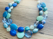 Load image into Gallery viewer, Blue Lucky Wonderland Chunky Statement Necklace, Big beaded jewelry, Double Strand Statement Necklace, Bib necklace, blue green aqua winter