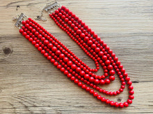Load image into Gallery viewer, Red Graduated 5 Strand statement necklace, dark red big beaded chunky jewelry, fall statement necklace ball beaded bubble earrings