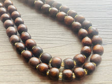 Load image into Gallery viewer, 2 Strand Wood & Gold Beaded Necklace, brown Jewelry Chunky statement necklace, big beaded necklace jewelry, natural smooth wood