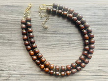 Load image into Gallery viewer, 2 Strand Wood & Gold Beaded Necklace, brown Jewelry Chunky statement necklace, big beaded necklace jewelry, natural smooth wood