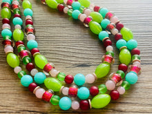 Load image into Gallery viewer, Watermelon picnic OOAK chunky beaded statement necklace, neon pink mint lime raspberry necklace jewelry, beaded vacation necklace