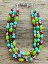 Load image into Gallery viewer, Watermelon picnic OOAK chunky beaded statement necklace, neon pink mint lime raspberry necklace jewelry, beaded vacation necklace