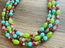 Load image into Gallery viewer, Watermelon picnic OOAK chunky beaded statement necklace, neon pink mint lime raspberry necklace jewelry, beaded vacation necklace