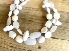Load image into Gallery viewer, Head in the Clouds Statement Necklace, Big beaded jewelry, Double Strand white Necklace, Bib necklace, white bridesmaid wedding