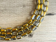 Load image into Gallery viewer, Gold Dipped beaded statement necklace, triple strand necklace, gray jewelry, glass jewelry, 3 chunky jewelry gray gold geometric statement