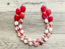 Load image into Gallery viewer, Cherry Red Chunky Statement Necklace Beaded Jewelry, red swirl jewelry bridesmaid bib wedding maroon silver clear resin