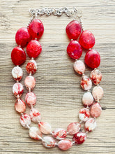 Load image into Gallery viewer, Cherry Red Chunky Statement Necklace Beaded Jewelry, red swirl jewelry bridesmaid bib wedding maroon silver clear resin