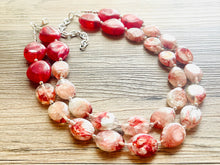 Load image into Gallery viewer, Cherry Red Chunky Statement Necklace Beaded Jewelry, red swirl jewelry bridesmaid bib wedding maroon silver clear resin