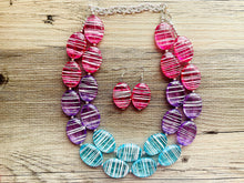 Load image into Gallery viewer, Blue Purple Pink Striped Chunky Statement Necklace double Strand Beaded jewelry, bridesmaid bib blue magenta aqua turquoise hot pink