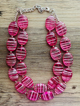 Load image into Gallery viewer, Dark Pink & White Striped Chunky Statement Necklace double Strand Beaded jewelry, bridesmaid bib magenta hot pink earrings