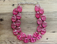 Load image into Gallery viewer, Dark Pink & White Striped Chunky Statement Necklace double Strand Beaded jewelry, bridesmaid bib magenta hot pink earrings