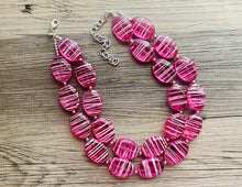 Load image into Gallery viewer, Dark Pink & White Striped Chunky Statement Necklace double Strand Beaded jewelry, bridesmaid bib magenta hot pink earrings