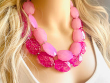 Load image into Gallery viewer, Big Bead pink Necklace, Double Strand Statement Jewelry, blush magenta pink Chunky bib bridesmaid, hot pink jewelry, dark pink necklace