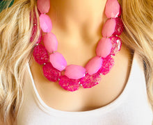 Load image into Gallery viewer, Big Bead pink Necklace, Double Strand Statement Jewelry, blush magenta pink Chunky bib bridesmaid, hot pink jewelry, dark pink necklace