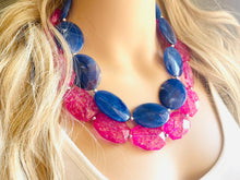 Load image into Gallery viewer, Blue & Pink Hot Chunky Statement Necklace double Strand Beaded jewelry, bridesmaid bib blue magenta necklace, royal blue dark hot pink
