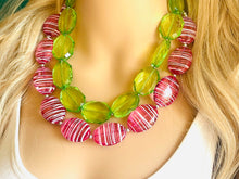 Load image into Gallery viewer, Chunky Statement Apple Green Necklace, multi strand colorful jewelry, big beaded chunky statement necklace, pink necklace, pink and green