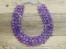 Load image into Gallery viewer, Crossed Paths Necklace, Purple Resin & White Necklace multi strand jewelry, big bib beaded chunky statement, bridesmaid necklace