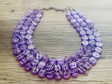 Load image into Gallery viewer, Crossed Paths Necklace, Purple Resin & White Necklace multi strand jewelry, big bib beaded chunky statement, bridesmaid necklace