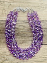 Load image into Gallery viewer, Crossed Paths Necklace, Purple Resin & White Necklace multi strand jewelry, big bib beaded chunky statement, bridesmaid necklace