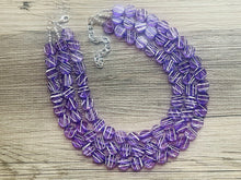 Load image into Gallery viewer, Crossed Paths Necklace, Purple Resin & White Necklace multi strand jewelry, big bib beaded chunky statement, bridesmaid necklace