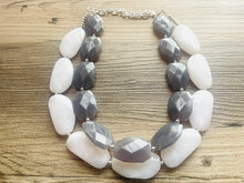 Load image into Gallery viewer, Layered white & gray Necklace, multi strand jewelry, big beaded chunky statement necklace, bridesmaid necklace, bib necklace, gray