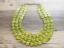 Load image into Gallery viewer, Crossed Paths Necklace, Lime Resin & White Necklace multi strand jewelry, big bib beaded chunky statement, bridesmaid necklace green