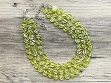 Load image into Gallery viewer, Crossed Paths Necklace, Lime Resin & White Necklace multi strand jewelry, big bib beaded chunky statement, bridesmaid necklace green
