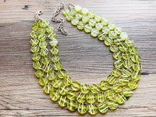 Load image into Gallery viewer, Crossed Paths Necklace, Lime Resin & White Necklace multi strand jewelry, big bib beaded chunky statement, bridesmaid necklace green