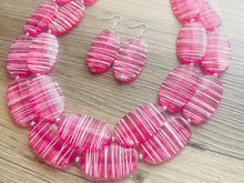 Load image into Gallery viewer, Dark Pink & White Striped Chunky Statement Necklace double Strand Beaded jewelry, bridesmaid bib magenta hot pink earrings